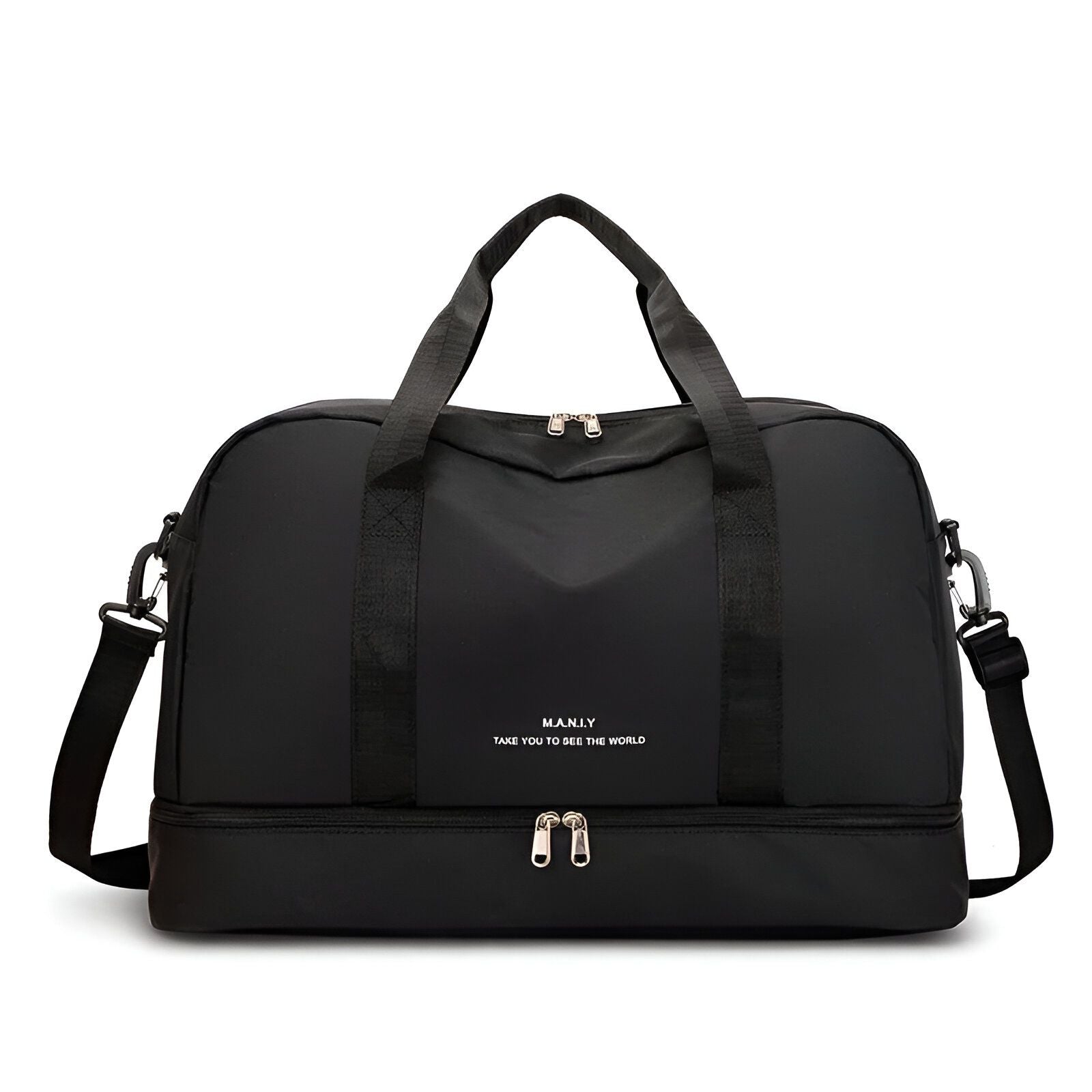 Sac de voyage noir avec la marque "MANLY" et la phrase "TAKE YOU TO SEE THE WORLD".