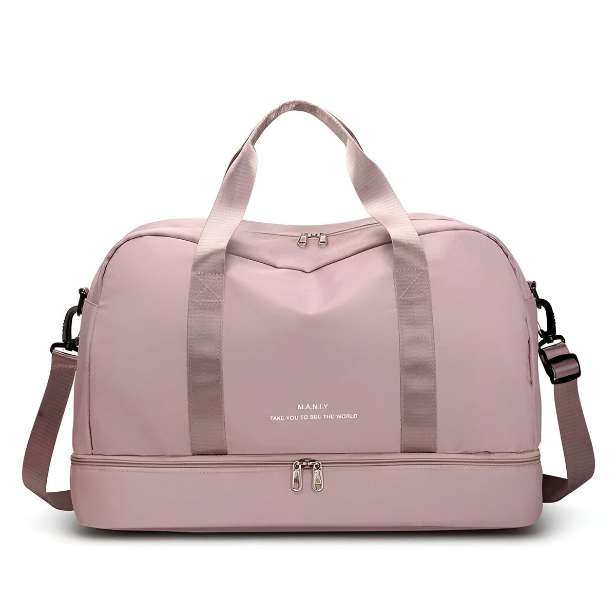 Sac de sport rose avec la marque MANIY et le slogan &quot;Take you to see the world&quot;.