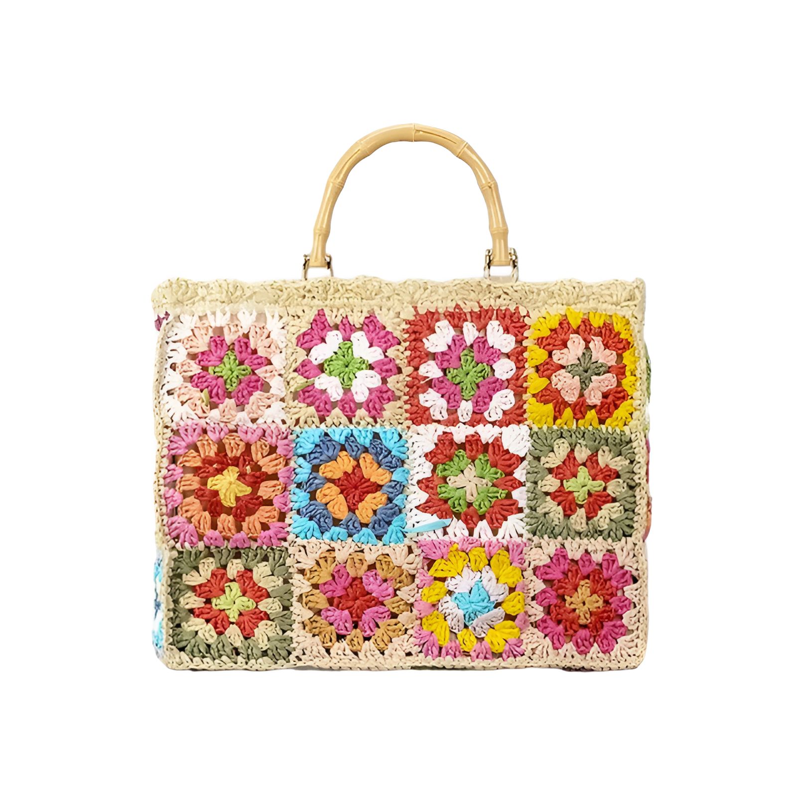 Sac à main en crochet avec des poignées en bambou, composé de carrés de différentes couleurs.