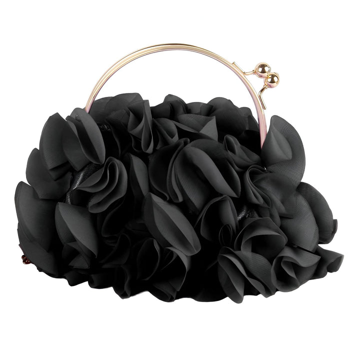 Clutch noir orné de larges volants en tissu, poignée et fermoir en métal doré., 46193932239072,46193932271840,46193932304608,46193932337376