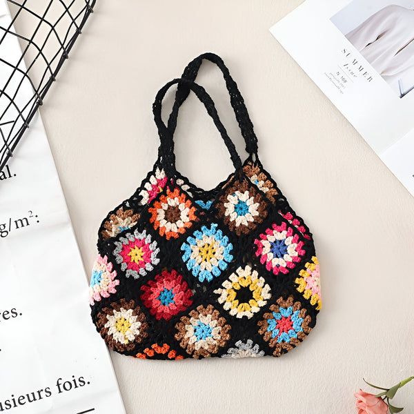 Sac fourre-tout crocheté noir avec motifs carrés colorés style granny square, 46193947181280,46193947214048,46193947246816,46193947279584,46193947312352