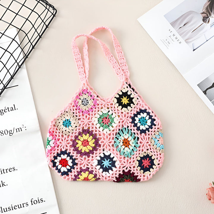 Sac rose en crochet avec des carrés granny floraux multicolores, 46193947181280,46193947214048,46193947246816,46193947279584,46193947312352