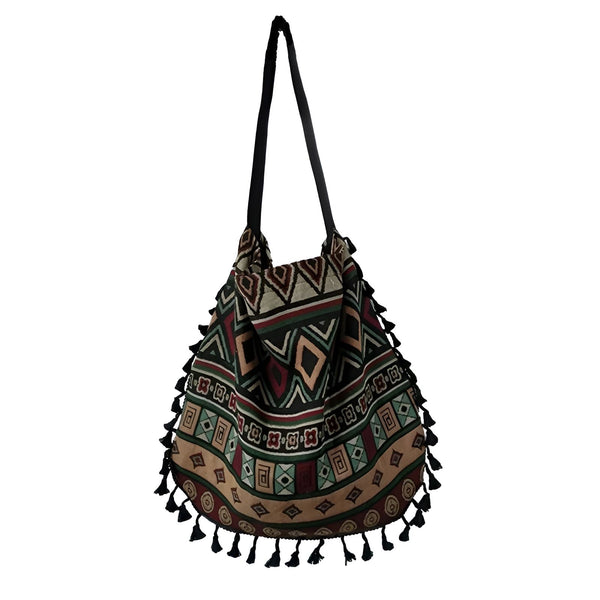 Sac hobo en tissu motif ethnique avec pompons, 46193923719392,46193923752160,46193923784928