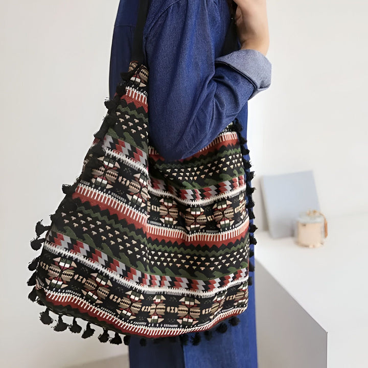 Sac cabas à motif ethnique coloré et pompons noirs, 46193923719392,46193923752160,46193923784928