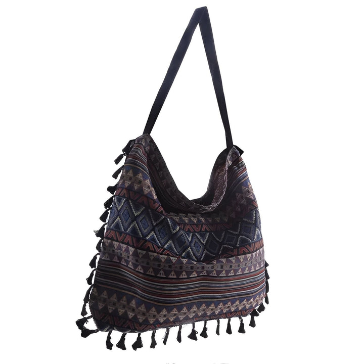 Sac bandoulière style ethnique à motif géométrique et pompons., 46193923719392,46193923752160,46193923784928