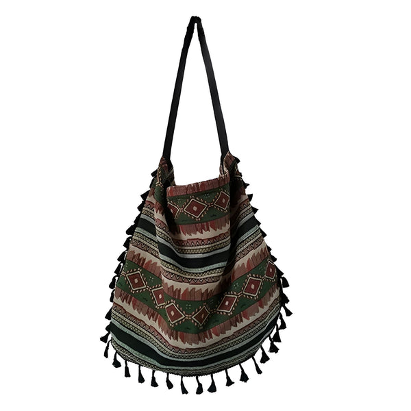 Sac bohème tissu motif ethnique vert, marron, pompons noirs, 46193923719392,46193923752160,46193923784928