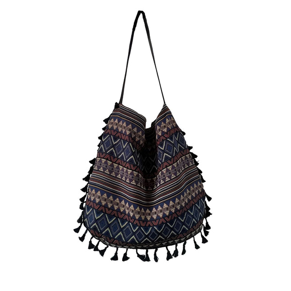 Sac en tissu à motif géométrique et pampilles noires., 46193923719392,46193923752160,46193923784928