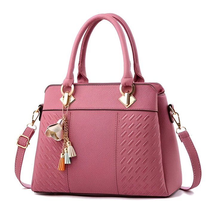 Sac à main rose texturé avec double anse, bandoulière et charme pompons multicolores., 46193874075872,46193874108640,46193874141408,46193874174176,46193874206944,46193874239712