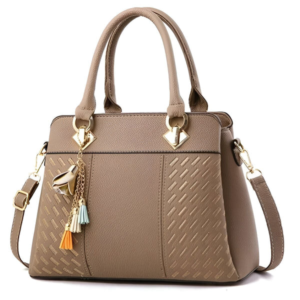 Sac à main beige structuré avec double poignées, bandoulière et charm pompons colorés, 46193874075872,46193874108640,46193874141408,46193874174176,46193874206944,46193874239712