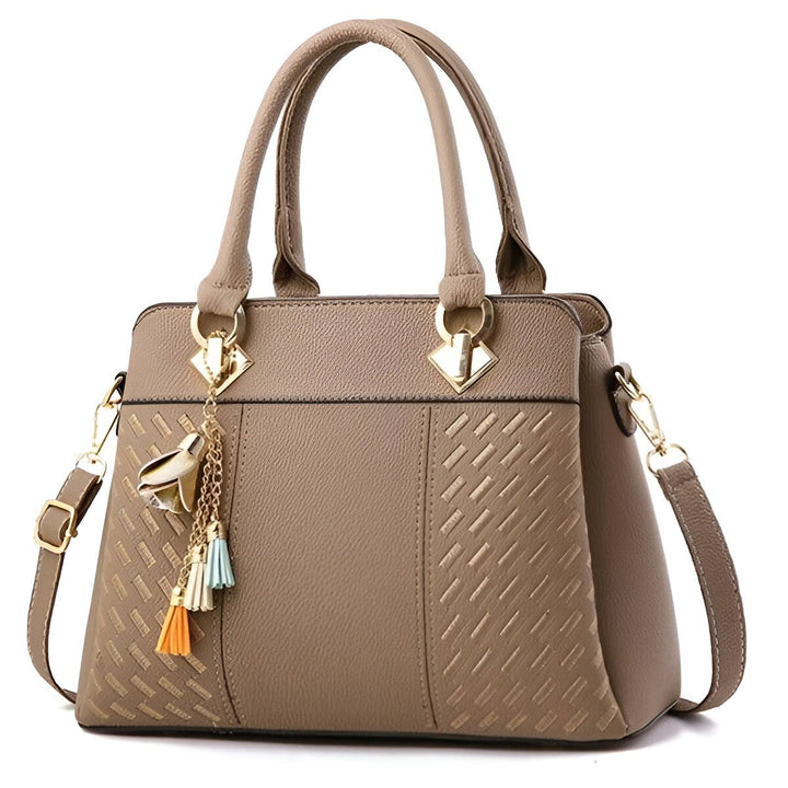 Sac à main beige structuré avec double poignées, bandoulière et charm pompons colorés, 46193874075872,46193874108640,46193874141408,46193874174176,46193874206944,46193874239712