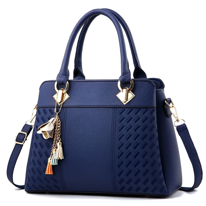 Sac à main bleu marine avec motif tissé, anses, bandoulière et charm doré., 46193874075872,46193874108640,46193874141408,46193874174176,46193874206944,46193874239712