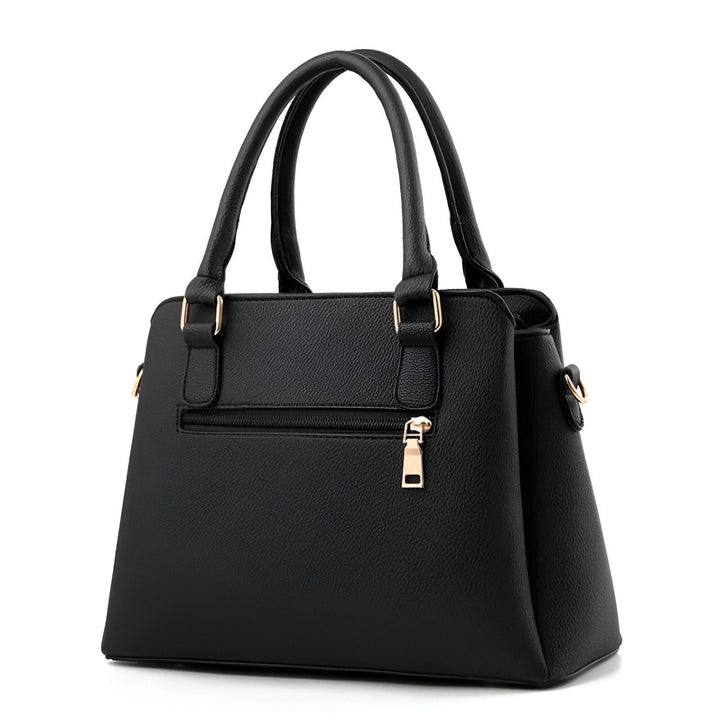 Sac à main noir en cuir texturé avec poche zippée arrière et détails dorés, 46193874075872,46193874108640,46193874141408,46193874174176,46193874206944,46193874239712