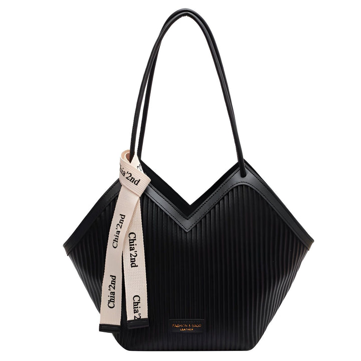 Sac à main noir avec texture côtelée verticale et ruban décoratif "Chia'2nd"., 46193872208096,46193872240864,46193872273632,46193872306400