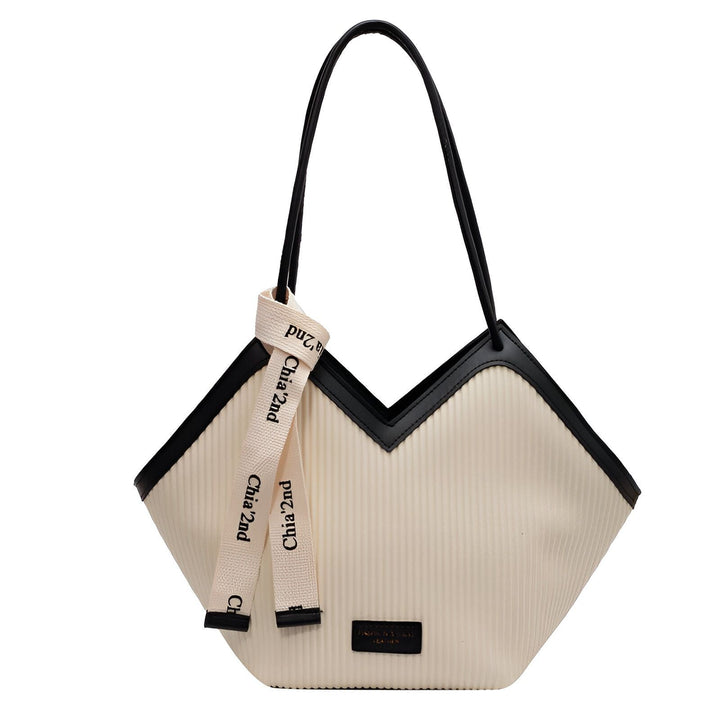 Sac à main blanc cassé côtelé avec anses noires et ruban "Chia'2nd"., 46193872208096,46193872240864,46193872273632,46193872306400