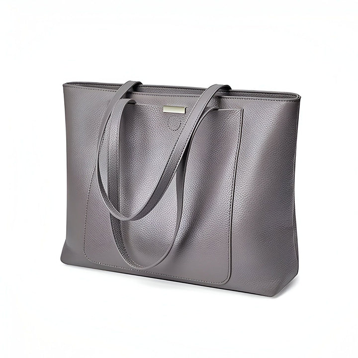 Sac cabas gris en cuir texturé avec deux anses et plaque métallique, 46193838915808
