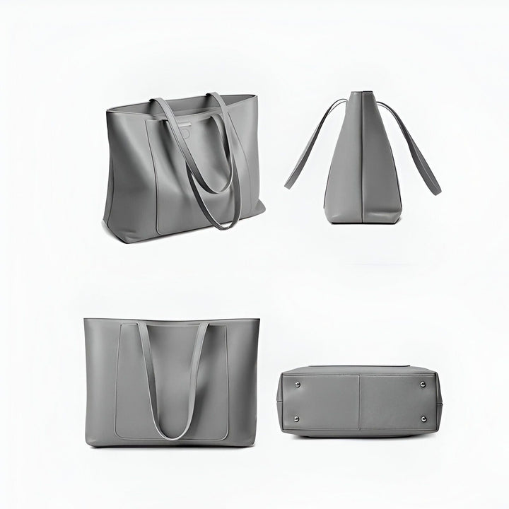 Sac cabas gris en cuir présenté sous différents angles, 46193838915808