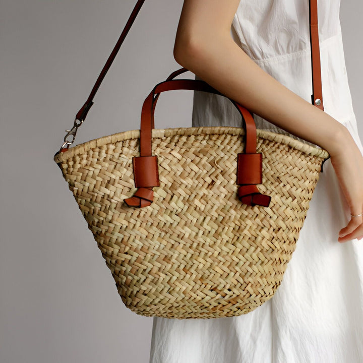 Sac en paille avec poignées et bandoulière en cuir marron., 46194029986016