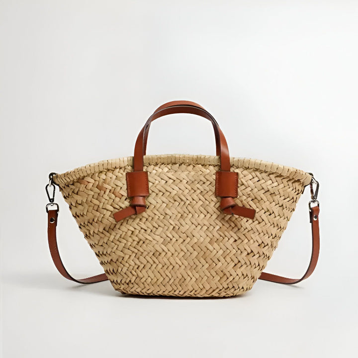 Sac cabas en paille avec anses et bandoulière en cuir marron., 46194029986016