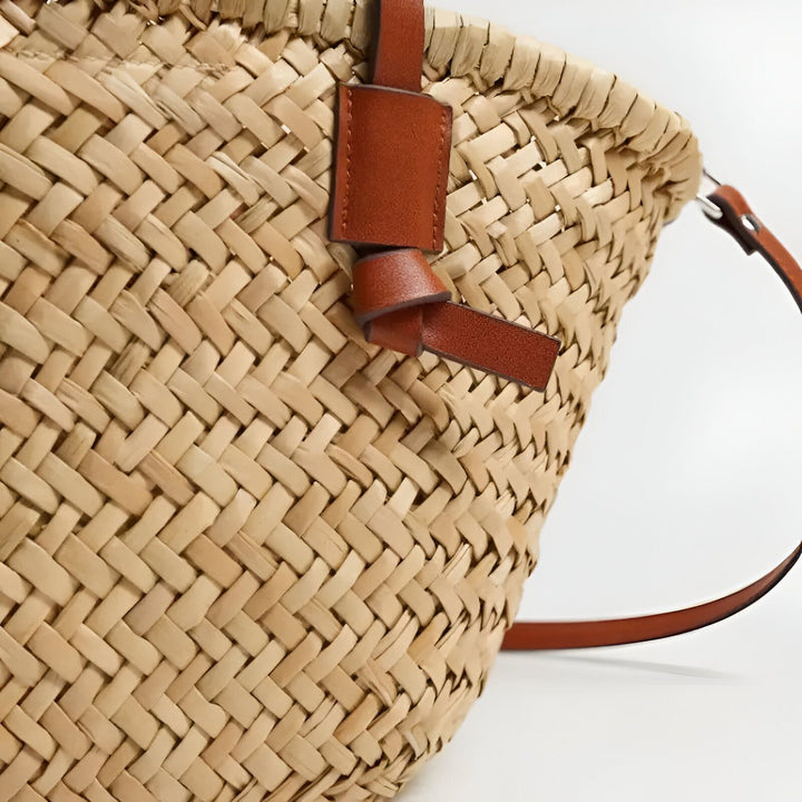 Sac cabas en paille tressée avec attaches en cuir marron, 46194029986016