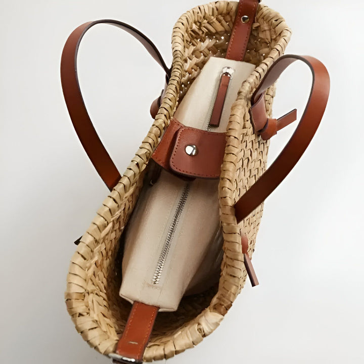 Sac cabas en paille avec anses en cuir marron et pochette intérieure crème zippée, 46194029986016