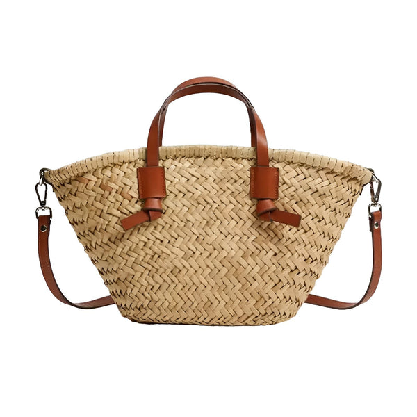 Sac cabas en paille avec anses et bandoulière en cuir marron., 46194029986016