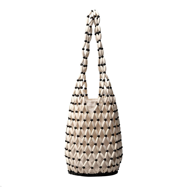 Sac seau blanc orné de perles noires et blanches avec des anses en perles., 46193944821984,46193944854752,46193944887520,46193944920288