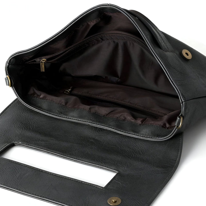 Intérieur d'un sac noir imitation cuir ouvert avec doublure et poches., 46194020417760,46194020450528,46194020483296,46194020516064