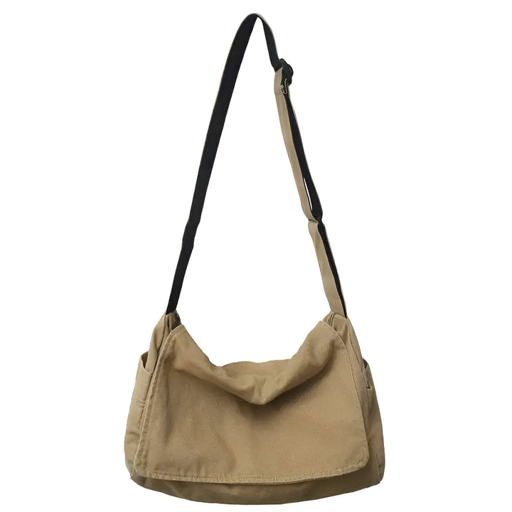 Sac bandoulière messenger en toile beige, sangle noire., 46193883152608,46193883185376,46193883218144