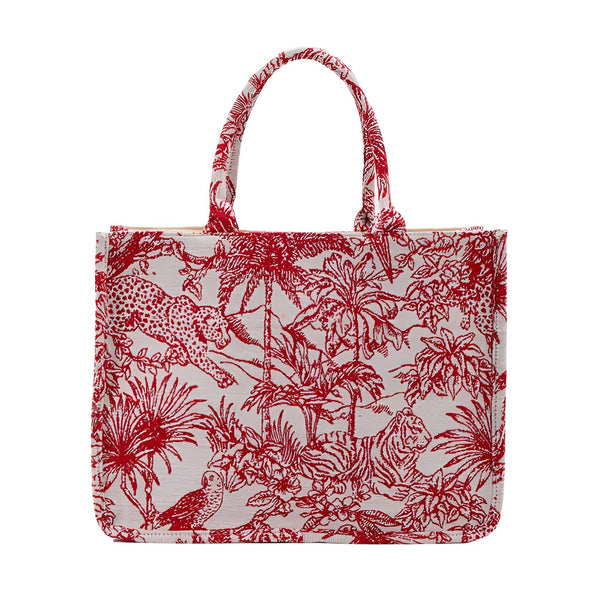 Sac cabas blanc à motif jungle rouge avec léopard, tigre, hibou et végétation., 46193944953056,46193944985824,46193945018592
