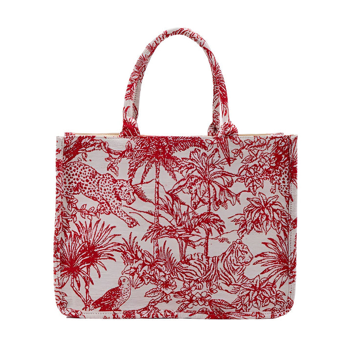Sac cabas blanc à motif jungle rouge avec léopard, tigre, hibou et végétation., 46193944953056,46193944985824,46193945018592