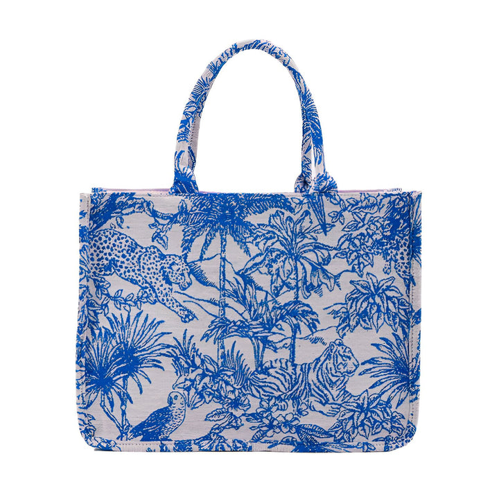Sac cabas blanc et bleu, motif jungle avec léopards, tigres, hiboux et palmiers., 46193944953056,46193944985824,46193945018592