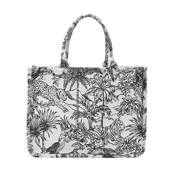 Sac cabas blanc motif jungle noir et blanc avec jaguars, tigres et végétation, 46193944953056,46193944985824,46193945018592