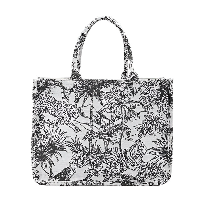 Sac cabas blanc motif jungle noir et blanc avec jaguars, tigres et végétation, 46193944953056,46193944985824,46193945018592