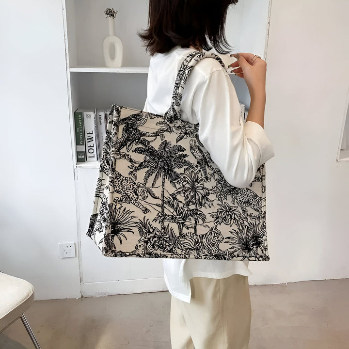 Grand sac cabas imprimé jungle avec léopards et palmiers., 46193944953056,46193944985824,46193945018592