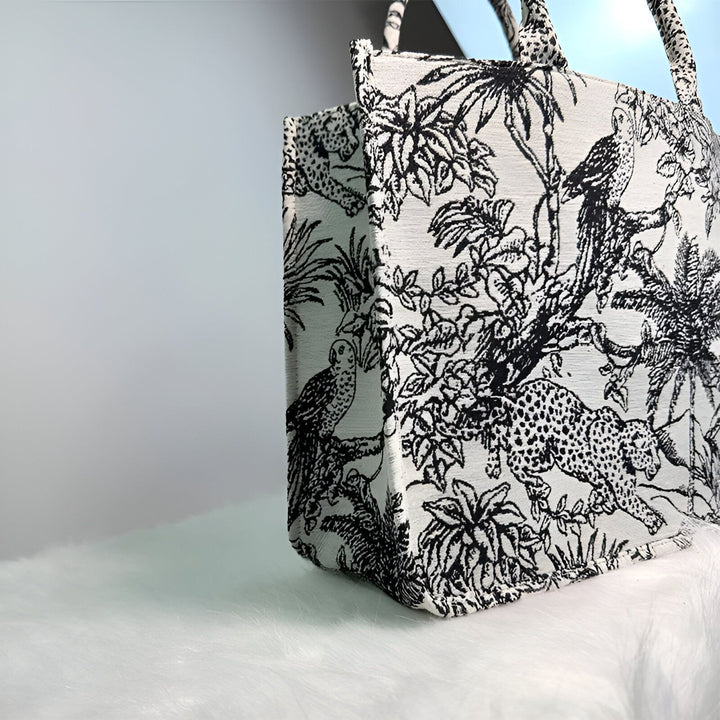Sac fourre-tout blanc motif jungle noir et blanc, jaguars et oiseaux, 46193944953056,46193944985824,46193945018592