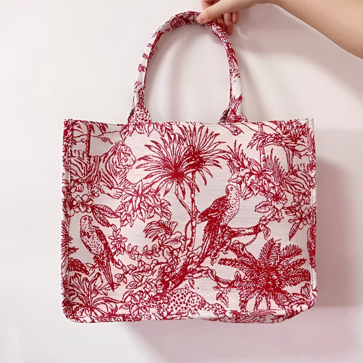 Sac cabas toile de Jouy rouge et blanc, motif jungle avec tigre et perroquets., 46193944953056,46193944985824,46193945018592