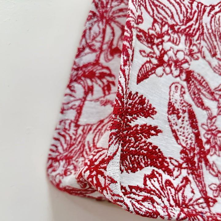 Tissu blanc motif tropical rouge palmiers et perroquets., 46193944953056,46193944985824,46193945018592