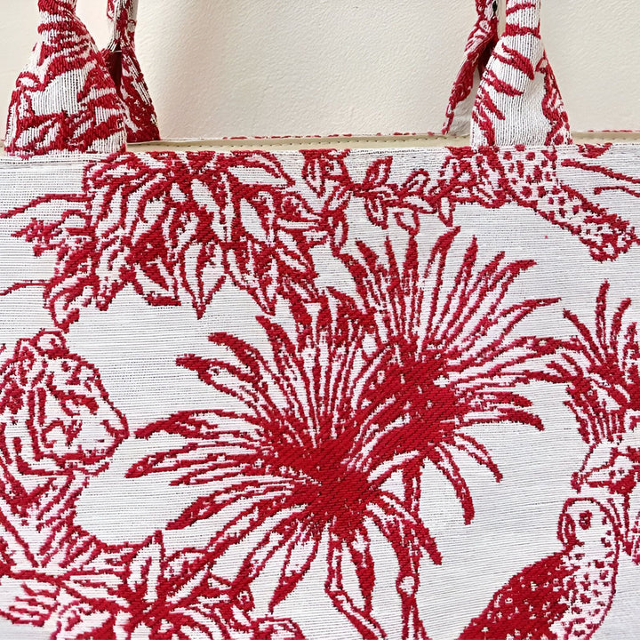 Sac cabas blanc motif toile de jouy jungle rouge : tigres, oiseaux, palmiers., 46193944953056,46193944985824,46193945018592