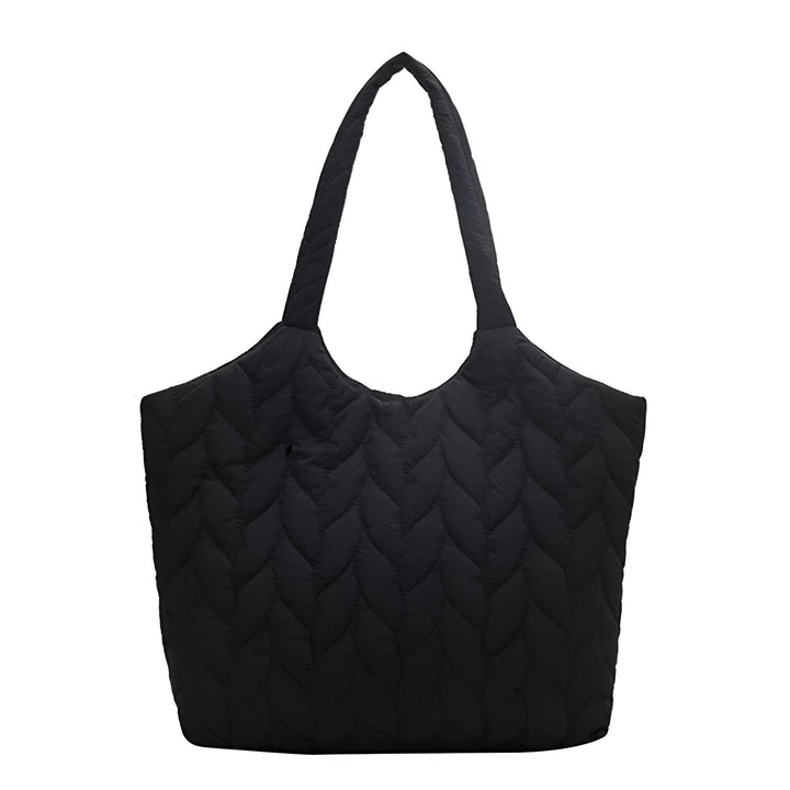 Sac cabas noir matelassé avec un motif de plumes, isolé sur fond blanc., 46194049712352,46194049745120,46194049777888,46194049810656