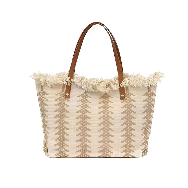 Sac fourre-tout beige avec motif géométrique, franges et anses en cuir marron., 46193944592608
