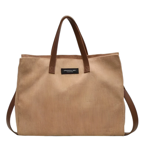 Grand sac tote bag beige en velours côtelé avec anses et bandoulière marron., 46194056757472,46194056790240,46194056823008,46194056855776