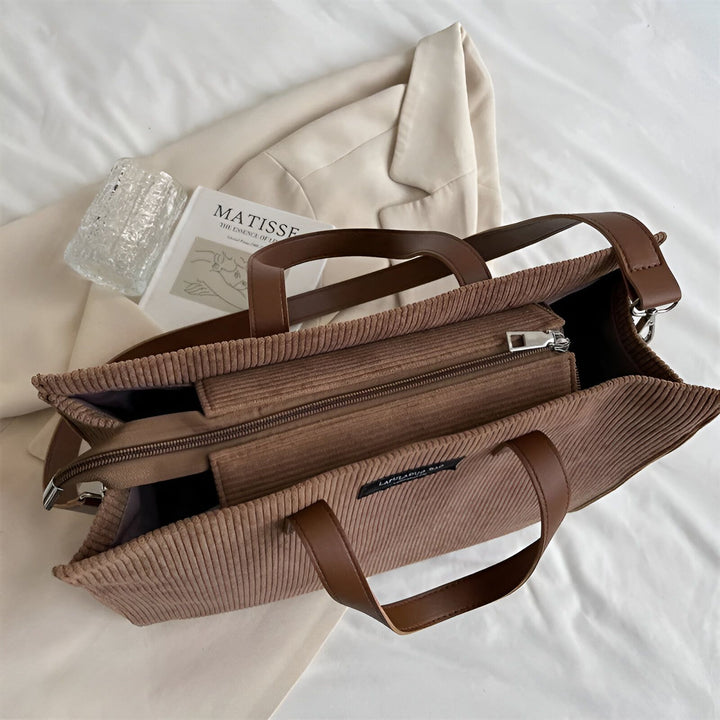 Sac cabas ouvert marron en velours côtelé et anses en cuir, 46194056757472,46194056790240,46194056823008,46194056855776