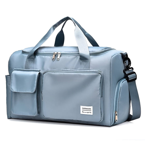 Sac de sport polochon bleu clair avec bandoulière et poches zippées., 46193915625696,46193915658464,46193915691232,46193915724000,46193915756768,46193915789536