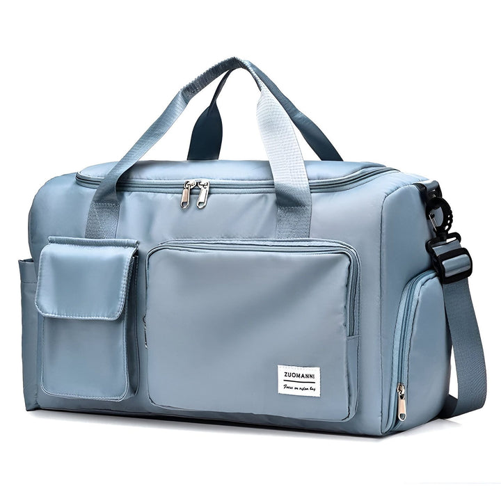 Sac de sport polochon bleu clair avec bandoulière et poches zippées., 46193915625696,46193915658464,46193915691232,46193915724000,46193915756768,46193915789536