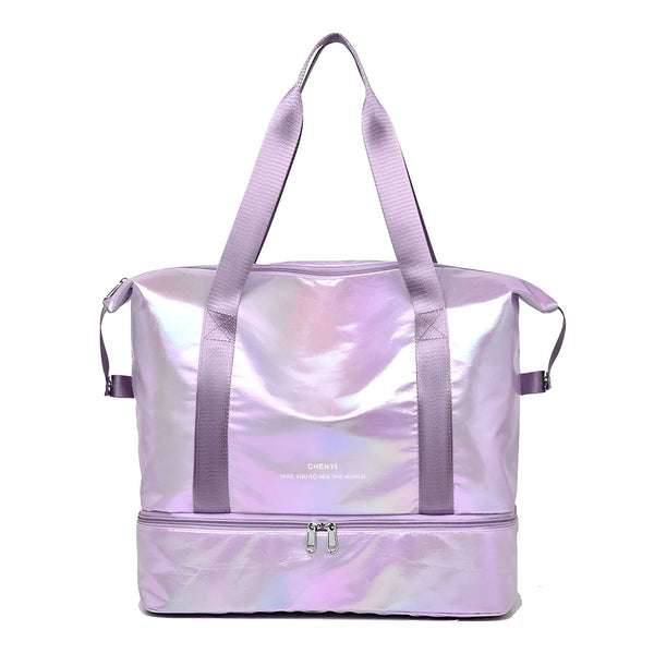 Sac de voyage violet iridescent avec compartiment inférieur zippé., 46193917690080,46193917722848,46193917755616