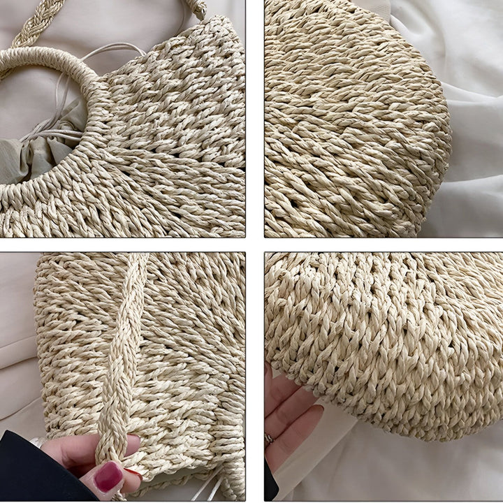 Détails d'un sac en paille tressée : texture, anses rondes et tressées, doublure intérieure., 46194029854944,46194029887712