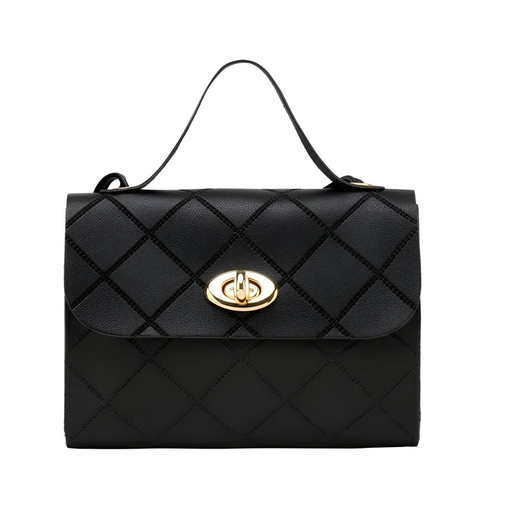 Sac à main noir matelassé avec fermoir doré et poignée supérieure., 46262729408736,46262729441504,46262729474272,46262729507040,46262729539808