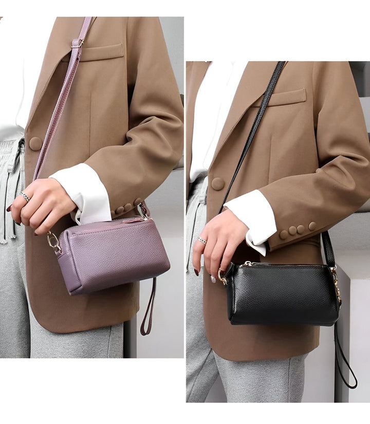 Deux petits sacs bandoulière en cuir, un violet et un noir., 46266441924832,46266441957600,46266441990368