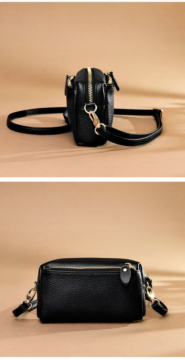 Sac bandoulière noir en cuir grainé, zip doré, attaches or, 46266441924832,46266441957600,46266441990368