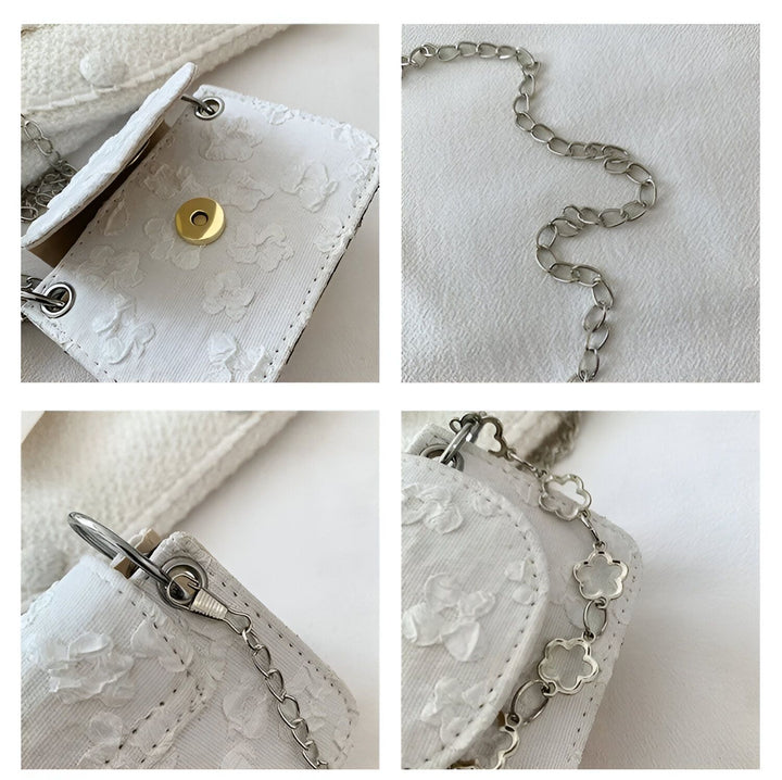Détails d'un sac blanc avec motifs floraux en relief et chaîne argentée., 46193968414944,46193968447712,46193968480480,46193968513248,46193968546016